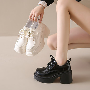 British Style Small Leather Shoes for Women, New Spring and Autumn Versatile Thick-Soled Chunky Heel Height-Increasing Black Single Shoes, Mary Jane Loafers