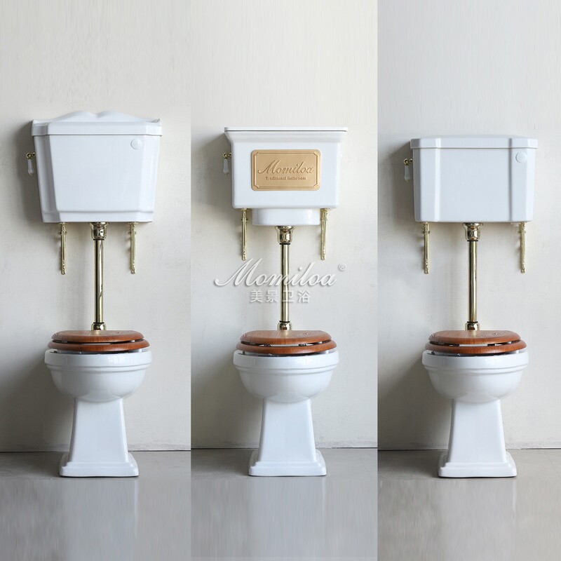 American-Style Mid-Level Vintage Toilet, Household Chestnut-Colored Solid Wood Cover, Split-Type Toilet with Strong Flushing Power