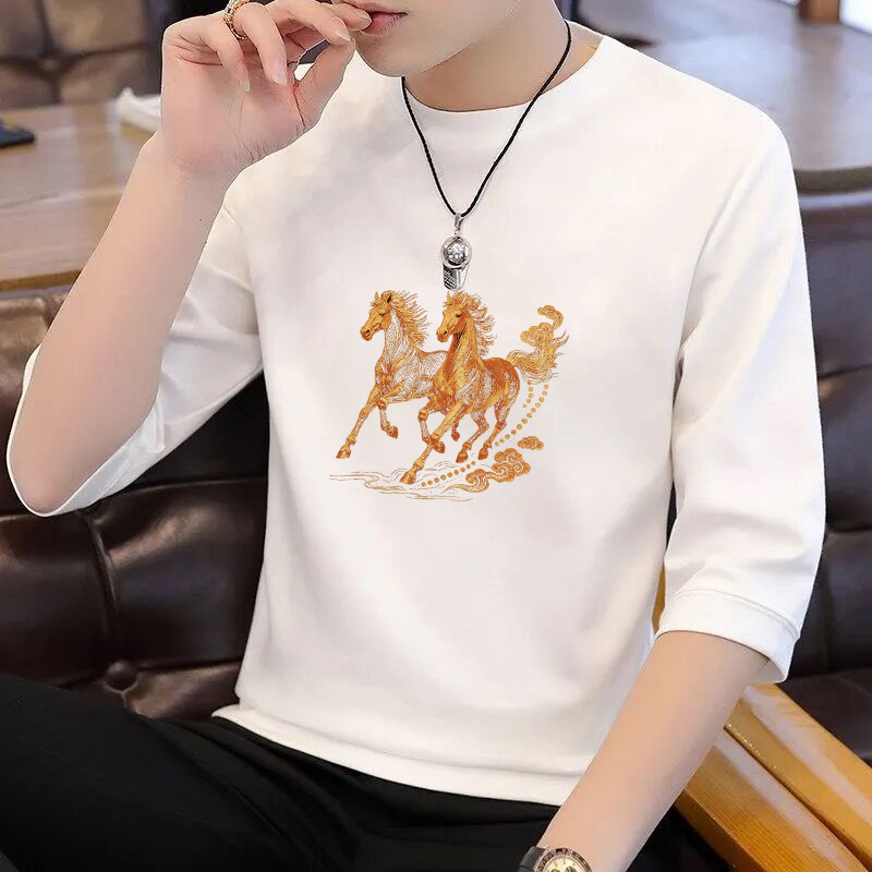 Autumn and Winter Style 7/8 Sleeve New Year Trendy Men's Outerwear Autumn Shirt Round Neck Knit T-Shirt Layered Loose Fit T-Shirt