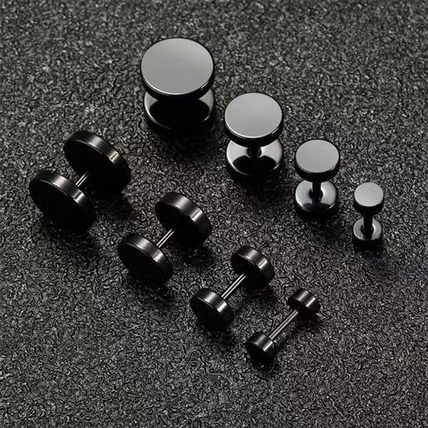Titanium Steel Earrings American Style Dumbbell Ear Studs for Men, Black Round Screw-On Versatile Personality Earrings for Women, Ear Cartilage Studs