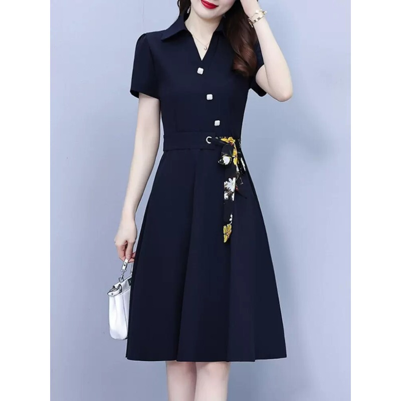 Izerell High-End Exquisite Short-Sleeved Dress with Lace-Up Waist, Slimming and Figure-Flattering Mid-Length Dress for Women, Summer Wear