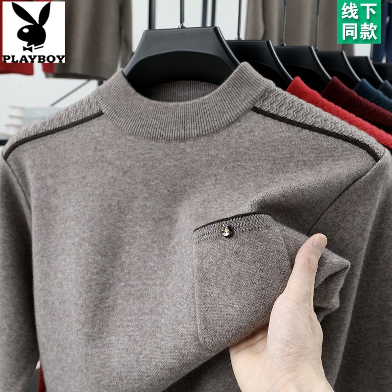 Playboy Men's Versatile Wool Sweater with Real Pockets 2025 Autumn/Winter Thickened Warm Pullover Crew Neck Sweater Playboy Men's Versatile Wool Sweater with Real Pockets 2025 Autumn/Winter Thickened Warm Pullover Crew Neck Sweater
