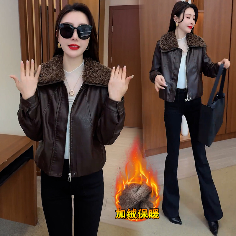 Fleece-Lined and Thickened Leather Jacket for Women, 2025 Winter New Style, Fashionable and Stylish, Lamb Wool Splicing, Lapel Pu Leather Jacket