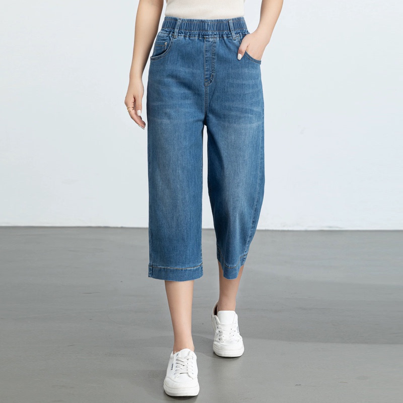 Plus-Size Women's Cropped Straight-Leg Jeans, Summer 2026, Thin, Elastic Waist, High-Waisted, Slimming, Large Size, Loose Wide-Leg Pants
