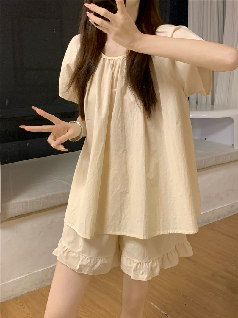 <!--ins风简约全棉奶油杏睡衣女夏天短袖短裤薄款娃娃衫家居服套装季-->