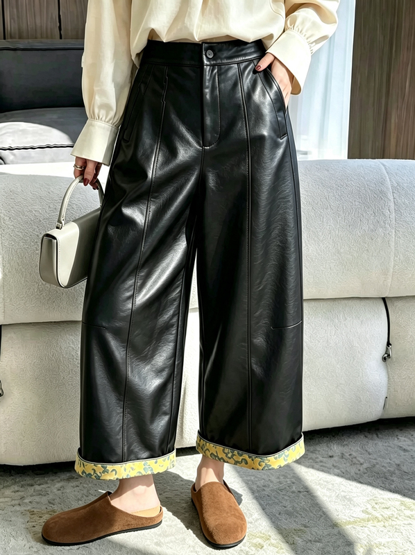 Retro Chinese Style Patchwork Sheepskin Wide-Leg Leather Pants for Women 2026 New High-Waisted Slimming Straight Casual Leather Pants Long Pants