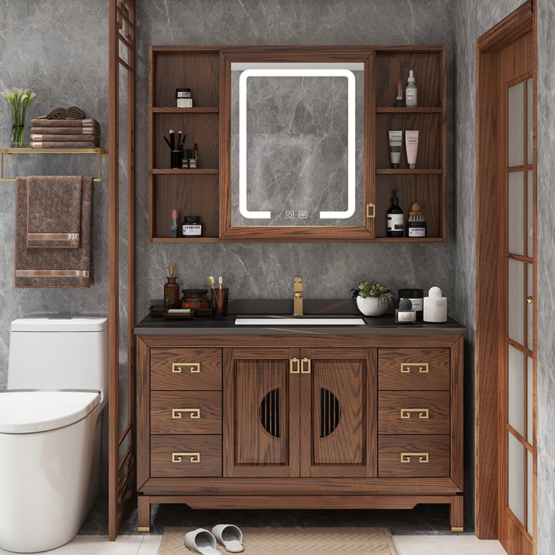 Spot New Chinese bath Bathroom Cabinet Red Oak Toilet Wash Terrace Floor Wash Washbasin Combined Intelligent Modern-Taobao
