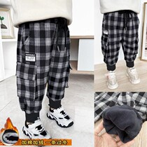 Children's autumn and winter pants baby plus velvet plaid padded woolen pants boy foreign style thin velvet plus velvet handsome tide