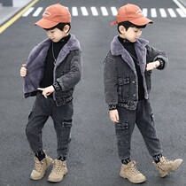 Boys plus velvet suit 2021 new cuhk handsome children winter padded foreign style boy denim two-piece set