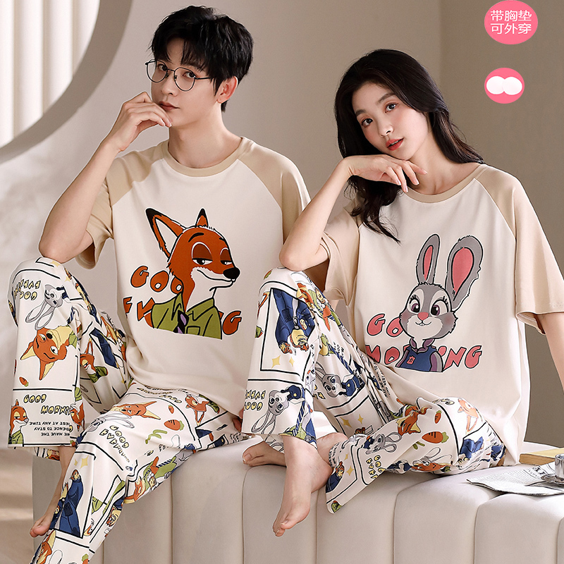 Couple's Pajamas Summer Pure Cotton Short-Sleeved Long Pants with Chest Pads 2026 New Spring and Summer Style Men's and Women's Home Wear Set