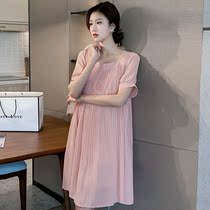Pregnant woman summer top 2021 new fairy Super fairy short sleeve square collar pleated skirt chiffon dress summer skirt