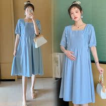 Temperament tide mother maternity dress summer dress slim coat age reduction short sleeve square collar maternity dress summer small man