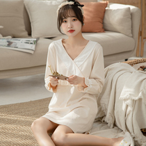 Long Sleeve Sleeping Dress Woman Spring Autumn Season 2021 New Pure Cotton V Collar Vintage Cumin Cute Girl Princess Wind Sleeping Dress