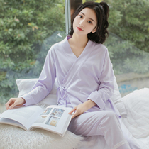 Pajamas womens autumn cotton long-sleeved Japanese womens home clothes Sexy v-neck lace-up cotton kimono thin two-piece set