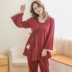 Bộ đồ ngủ dài cho phụ nữ mùa xuân và mùa thu phần mỏng cotton thuần Nhật Bản phong cách kimono retro dài tay phục vụ tại nhà cho phụ nữ ba mảnh địu - Cha mẹ và con Cha mẹ và con