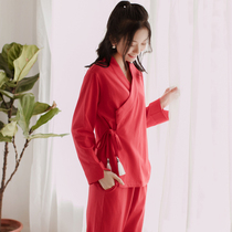 Red wedding pajamas womens pure cotton long-sleeved sexy court style Hanfu Spring and Autumn womens thin home clothes two-piece set