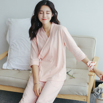 Japanese kimono pajamas Womens summer cotton thin mid-sleeve Japanese womens lace-up three-point sleeve trousers Home suit set