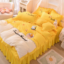 Korean ins bed skirt four-piece set Brushed cotton Princess wind girl heart embroidery embroidery Bed sheet duvet cover Bedding