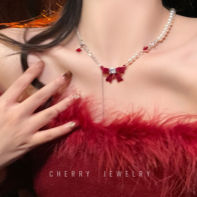 Red Bow Pearl Necklace for Women, Autumn and Winter Formal Wear, Collarbone Chain, New Year and Christmas Neck Accessory