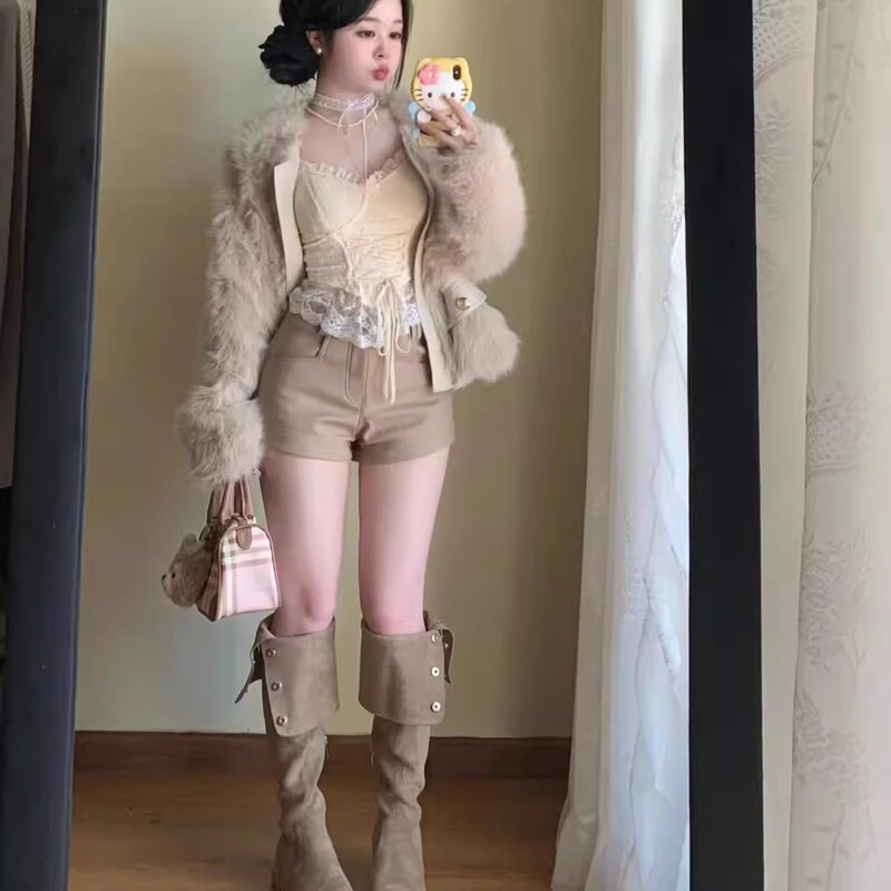 XS Petite Women's Spring Shorts with a High Waist, Khaki Color, Stretchy, Sexy Short A-Line Hip-Hugging Hot Pants