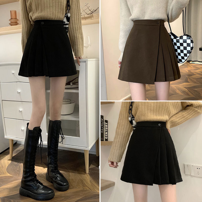 Plus-Size Brown Woolen Skirt for Women, Spring and Autumn, Irregular Short Skirt, Tummy-Covering, Hip-Hugging Skirt, High-Waisted A-Line Skirt, Pleated Skirt