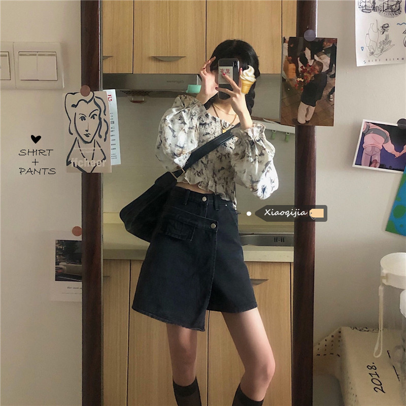 Large size shorts women's jeans high waist loose 2022 wide-leg pants fat mm slim black hakama all-match hot pants