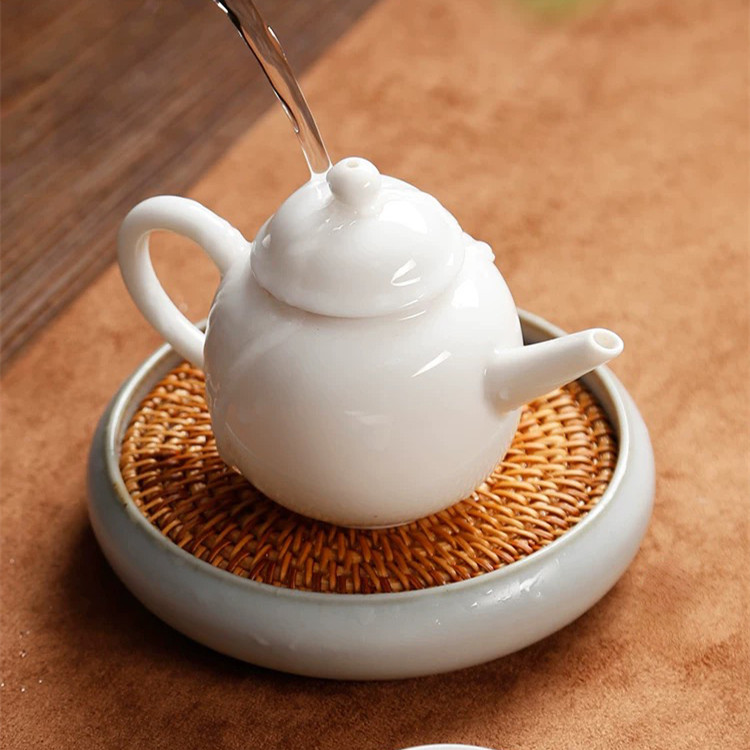 Handmade retro crude pottery Ru kiln pot bearing rattan purple sand raising pot pad dry brewing table teapot holding Ru kiln open piece pot bearing