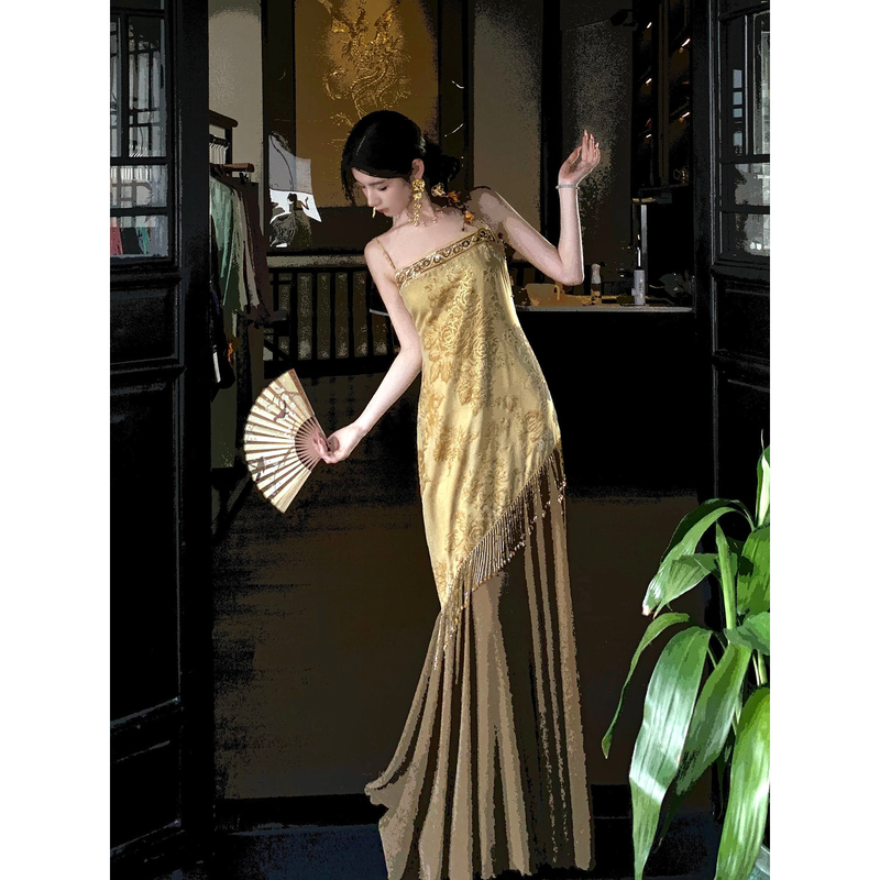 Walkindark【Golden Feather Butterfly】New Chinese-Style Heavy Beaded Tassel Strap Dress for Fall 2026