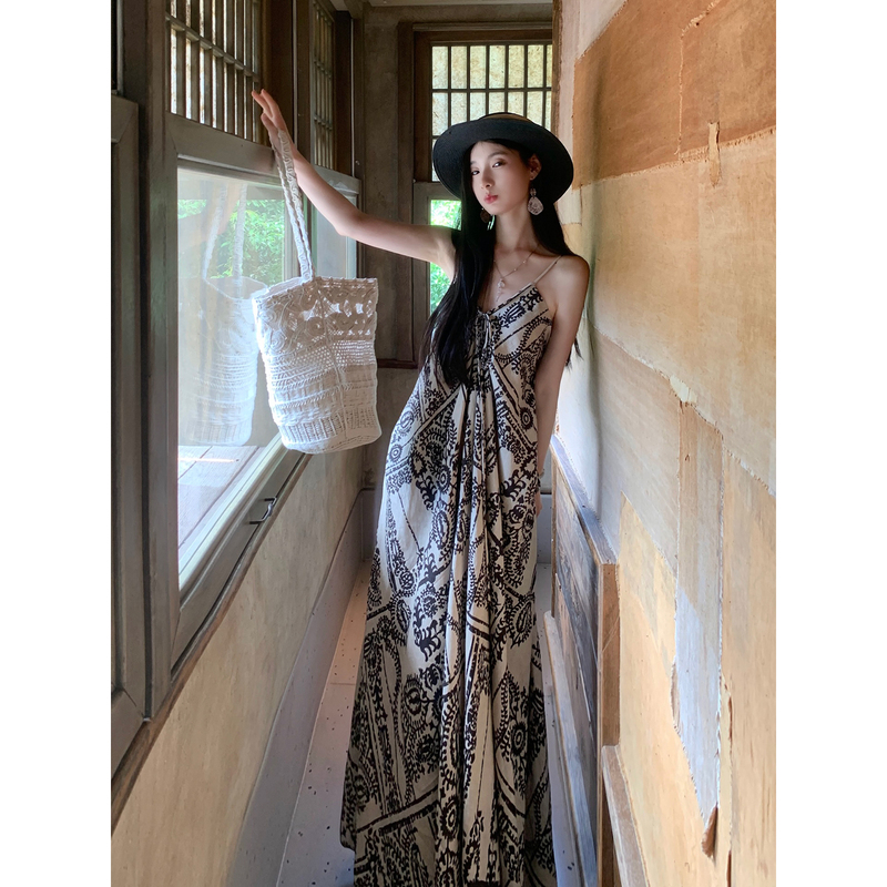 Walkindark【Tea-Dyed】Zen-Inspired Bohemian Ethnic Totem Multi-Wear Loose-Fitting Strap Dress