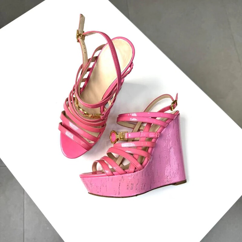95 New Versace/Versace Pink Medusa Wedge High Heels Women's Shoes Open Toe Thick Sole Size 37 2052 95 New Versace/Versace Pink Medusa Wedge High Heels Women's Shoes Open Toe Thick Sole Size 37 2052