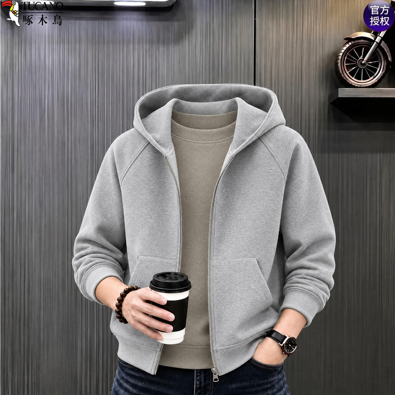 Woodpecker Cotton Blend Popular Hooded Cardigan Solid Color Sweatshirt for Men, New Autumn Style, Loose Fit, Versatile Casual Jacket