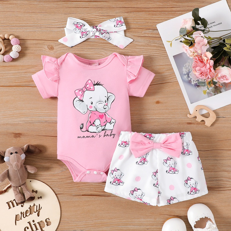 ins Newborn Baby Girl Summer Style Baby Elephant Letter Printed Short-Sleeved Hoodie Shorts Head Scarf Trendy