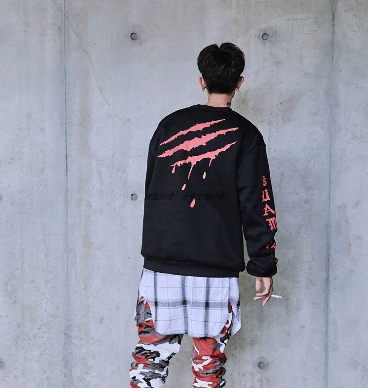 Sua Gothic Scratch Áo len cá tính Blood Drop National Tide Round Cổ áo Letter Claw Mark Áo dài tay áo dài nam nữ