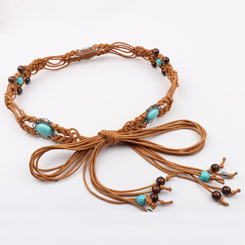 Bohemian style belt vintage wax rope braided women's belt ethnic style beaded women's belt decorated dress