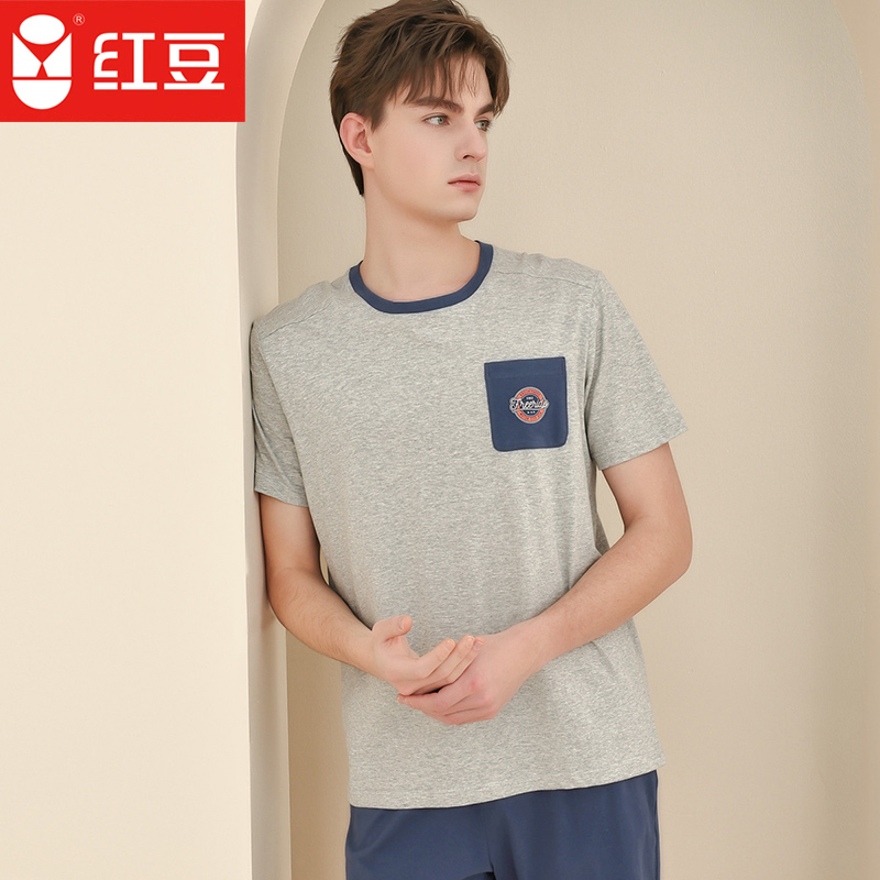 Red bean (100% cotton) spring/summer short-sleeved shorts, round neck simple can be worn outside men's homewear pajama set