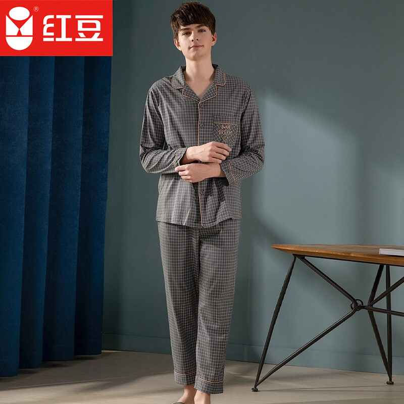 Red Bean Spring Summer New Men's Cotton Long Sleeve Pajamas Men's Small Check Elegant Casual Home Wear Set