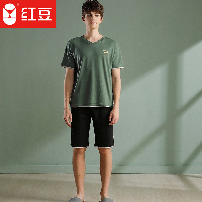 Hongdou Spring /Summer 21 New Men's Cotton V-Neck Simple Fashion Athleisure Short Sleeves Home Wear Set