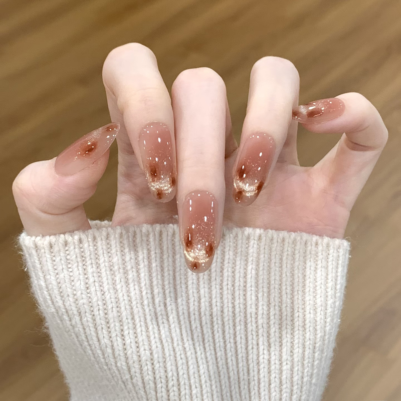 Pure Desire Style Melard Caramel Amber Gradient Golden Autumn Cat Eye Wearable Nail Art, Pure Handmade, Elegant and Complexion-Enhancing Nail Art
