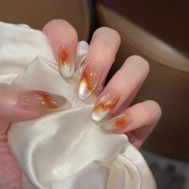 Purely Handmade Wearable Nail Art, Autumn and Winter Caramel Brown Gradient High-End Nail Patches, Amber Atmosphere Nail Art