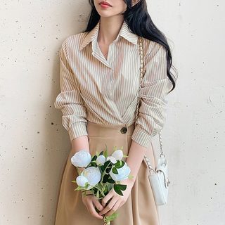 Size update korean chic french light luxury fashion temperament striped patchwork waist shirt dress