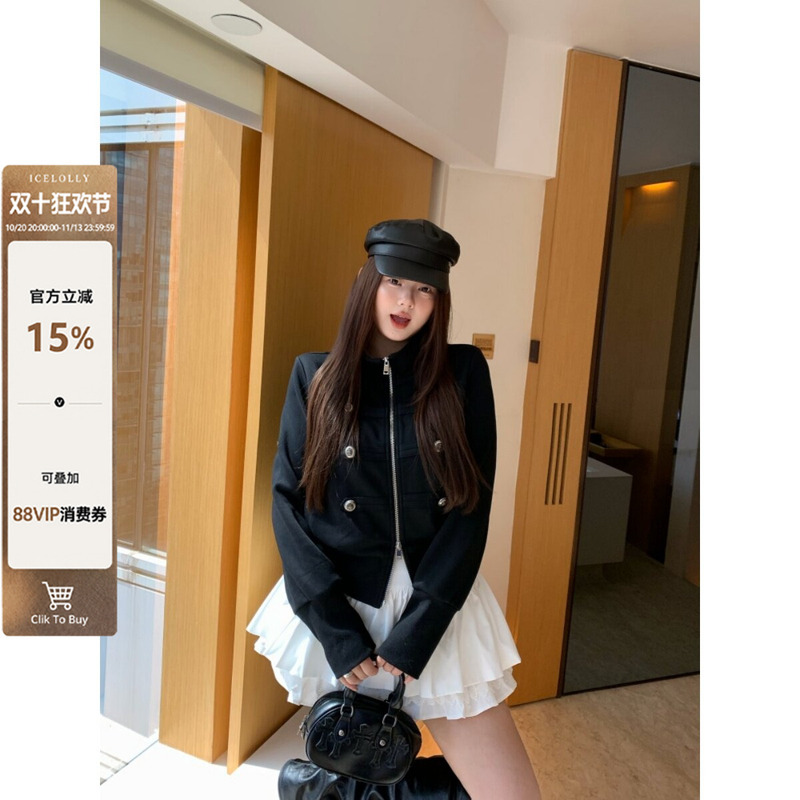 Wang Grape, Slightly Chubby, High-End Double-Breasted Short Jacket, Slimming, Concealing, Zipper, Stand Collar, Design Sense, Dm4688