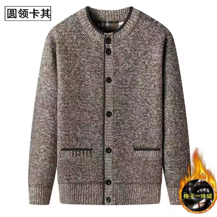 Autumn and Winter Round-Neck Thickened Sweater for Dad, Knitted Cardigan for Middle-Aged and Elderly, Casual Fleece Pocket Coarse Knit Cardigan