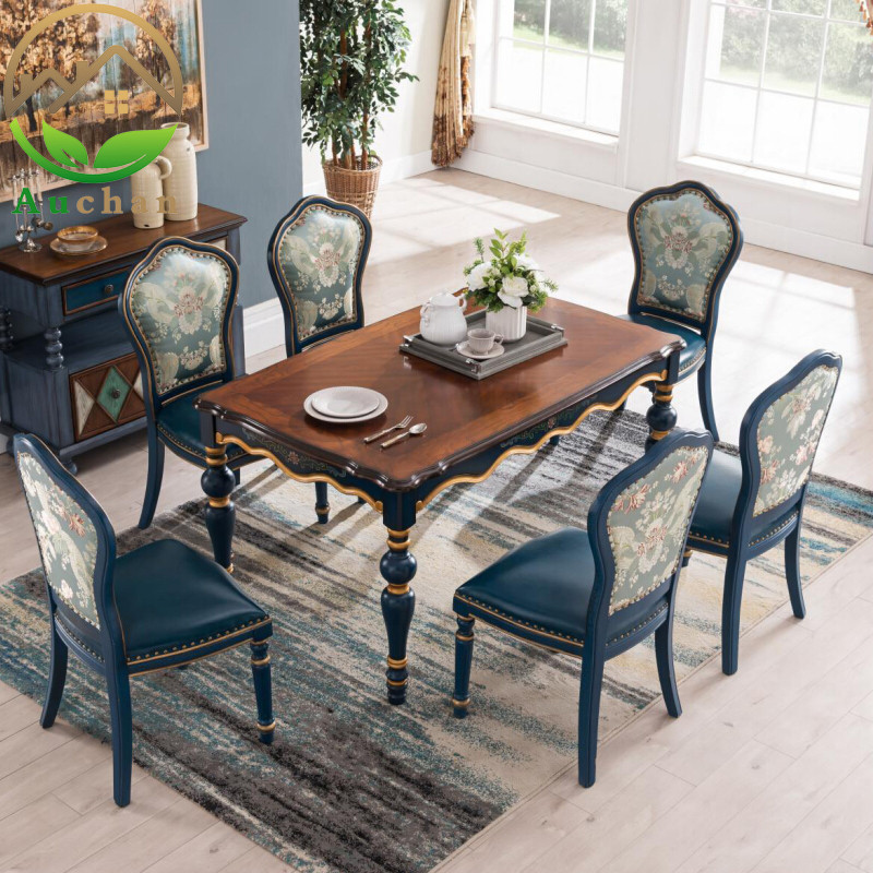 American European-style rural solid wood dining chair combined with small family dining room rectangular home dining table One table six chairs