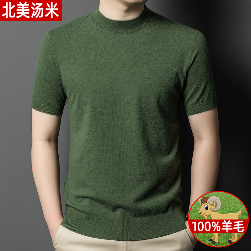 North American Tommy Spring and Autumn 100% Pure Wool Sweater Men's Short-Sleeved Half-Turtleneck Base Shirt New Thin Sweater for Men
