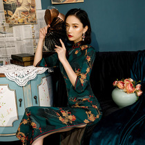 Long cheongsam autumn 2021 new young womens retro mid-long sleeved catwalk improved dress summer