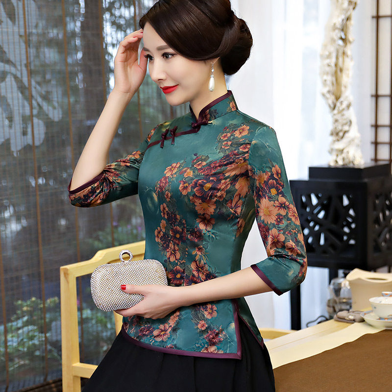 China Wind Women's Dress Middle-aged Moms Dress Improvement Qipao Blouse Blouse Women Spring And Autumn Mid-Sleeve Tang Dress Two-piece Suit Foreign Dress
