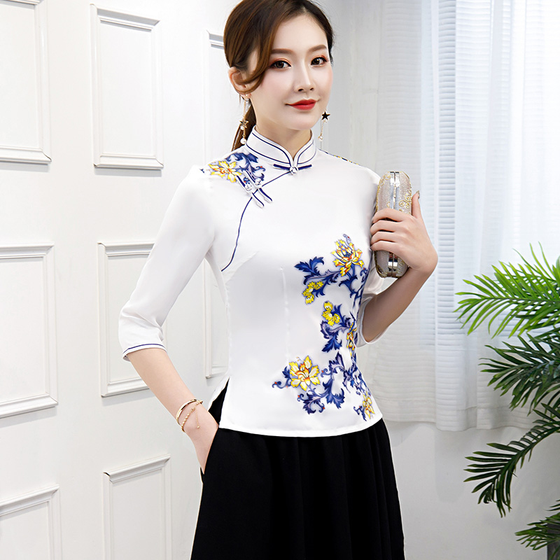 Chinese style improvement qipao blouses women's spring and autumn Republic of China Wind comeback ancient tea art Tang Costume Women's Two Style Suit Foreign Dress