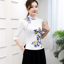 Chinese style improved cheongsam top female spring and autumn Republic of China Chinese style retro tea art Tang dress female two-piece dress