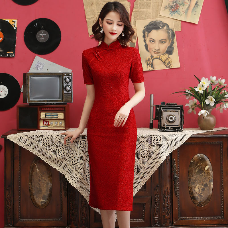 Lace cheongsam 2021 new young girl Chinese style toast dress improved dress summer medium-long version
