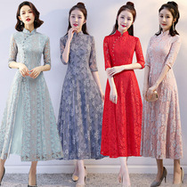 Lace cheongsam 2021 new female Chinese style retro medium long sleeve audai Daily improved dress long